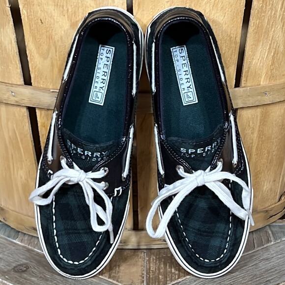 Sperry Biscayne Navy Green Plaid Patent Leather Boat Shoe Sneaker Women Size 5.5 - Picture 9 of 11